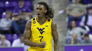 Feb 5, 2025; Fort Worth, Texas, USA;  West Virginia Mountaineers guard Javon Small (7) reacts during the second half against the TCU Horned Frogs at Ed and Rae Schollmaier Arena. Mandatory Credit: Kevin Jairaj-Imagn Images