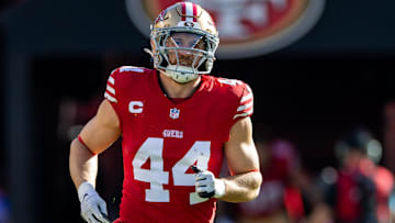 Dec 8, 2024; Santa Clara, California, USA; San Francisco 49ers fullback Kyle Juszczyk (44) is introduced before the game against the Chicago Bears at Levi's Stadium. Mandatory Credit: Bob Kupbens-Imagn Images