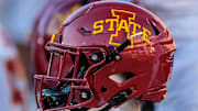 Nov 9, 2024; Kansas City, Missouri, USA; Iowa State Cyclones helmets on the bench during the first quarter against the Kansas Jayhawks at GEHA Field at Arrowhead Stadium. 
