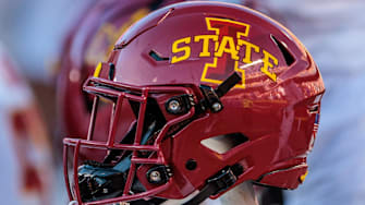 Nov 9, 2024; Kansas City, Missouri, USA; Iowa State Cyclones helmets on the bench during the first quarter against the Kansas Jayhawks at GEHA Field at Arrowhead Stadium. 