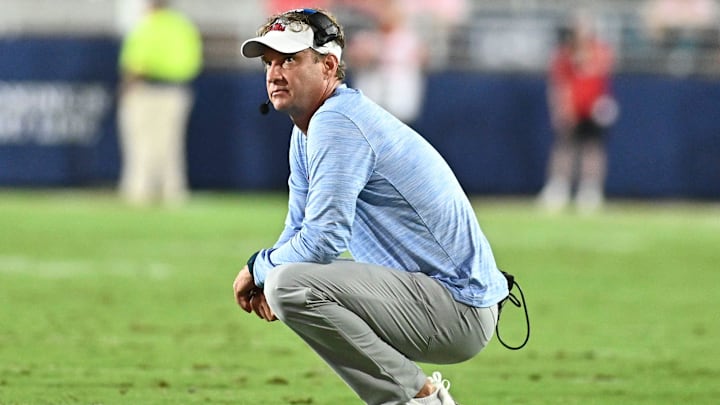 Ole Miss head coach Lane Kiffin looks at the scoreboard during a timeout against the Central Arkansas Bears during the second quarter at Vaught-Hemingway Stadium in Oxford, Miss., on Sept 10, 2022.