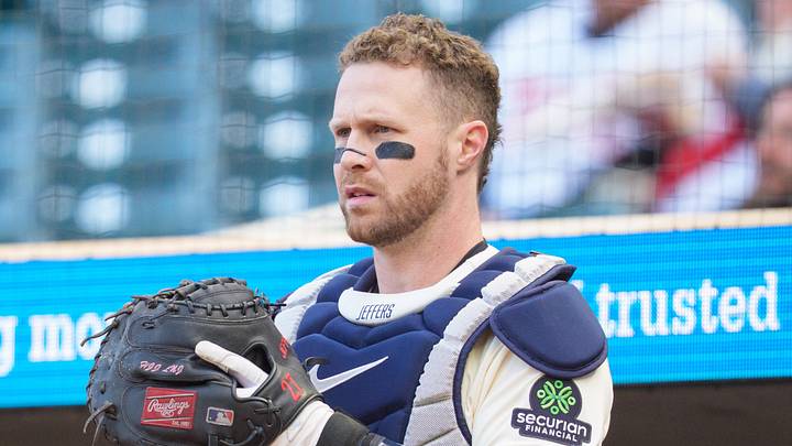 Apr 30, 2026; Minneapolis, Minnesota, USA; Minnesota Twins catcher Ryan Jeffers (27) prepares to take the field before the game between the Minnesota Twins and Toronto Blue Jays at Target Field. Mandatory Credit: Matt Blewett-Imagn Images