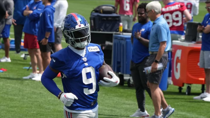 East Rutherford, NJ -- June 11, 2024 -- Wide receiver Malik Nabers at the NY Giants Mandatory Minicamp at their practice facility in East Rutherford, NJ.