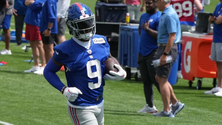 East Rutherford, NJ -- June 11, 2024 -- Wide receiver Malik Nabers at the NY Giants Mandatory Minicamp at their practice facility in East Rutherford, NJ.