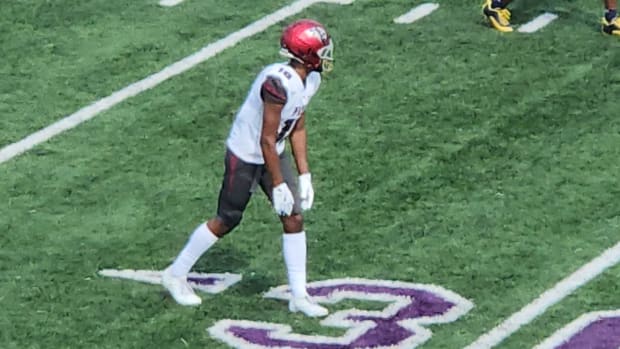 Jett Harrison of St. Joseph's Prep lines up for a play against St. Edward (Ohio) on August 31, 2024.