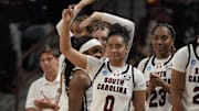 South Carolina Gamecocks bench reacts to their offense against the Tennessee Tech Golden Eagles during the second half  at Colonial Life Arena.