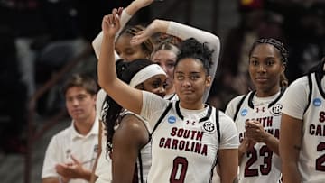 South Carolina Gamecocks bench reacts to their offense against the Tennessee Tech Golden Eagles during the second half  at Colonial Life Arena.