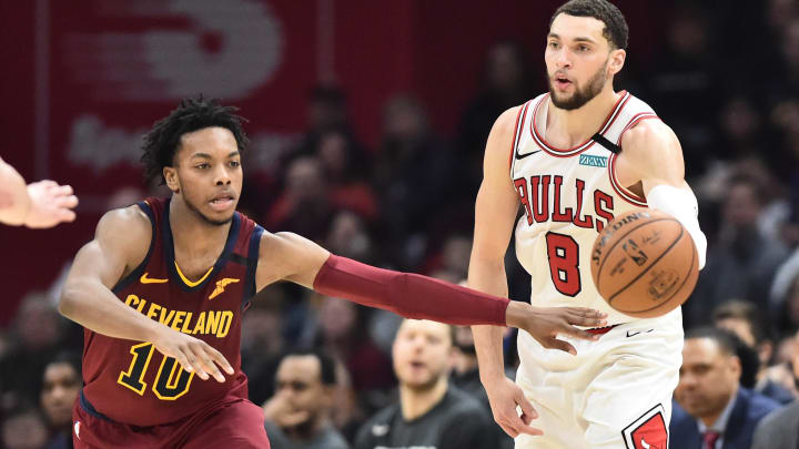 Jan 25, 2020; Cleveland, Ohio, USA; Chicago Bulls guard Zach LaVine (8) passes the ball against Cleveland Cavaliers guard Darius Garland (10) during the second half at Rocket Mortgage FieldHouse. Mandatory Credit: Ken Blaze-USA TODAY Sports