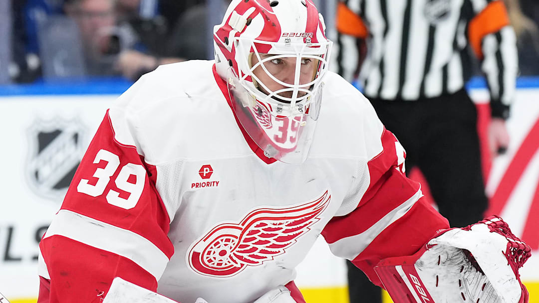 Apr 17, 2025; Toronto, Ontario, CAN; Detroit Red Wings goaltender Cam Talbot (39) follows the play against the Toronto Maple Leafs during the first period at Scotiabank Arena. Mandatory Credit: Nick Turchiaro-Imagn Images