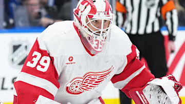 Apr 17, 2025; Toronto, Ontario, CAN; Detroit Red Wings goaltender Cam Talbot (39) follows the play against the Toronto Maple Leafs during the first period at Scotiabank Arena. Mandatory Credit: Nick Turchiaro-Imagn Images