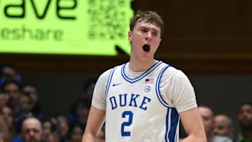 Mar 3, 2025; Durham, North Carolina, USA; Duke basketball forward Cooper Flagg (2) reacts during the second half against the Wake Forest Demon Deacons at Cameron Indoor Stadium.  The Blue Devils won 93-60.