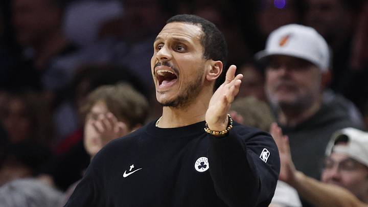 Jan 15, 2026; Miami, Florida, USA; Boston Celtics head coach Joe Mazzulla reacts against the Miami Heat during the second half at Kaseya Center. Mandatory Credit: Rhona Wise-Imagn Images