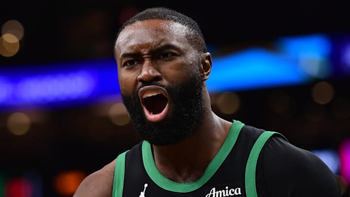 Feb 6, 2026; Boston, Massachusetts, USA; Boston Celtics guard Jaylen Brown (7) reacts towards the official after a play during the second half against the Miami Heat at TD Garden. Mandatory Credit: Bob DeChiara-Imagn Images