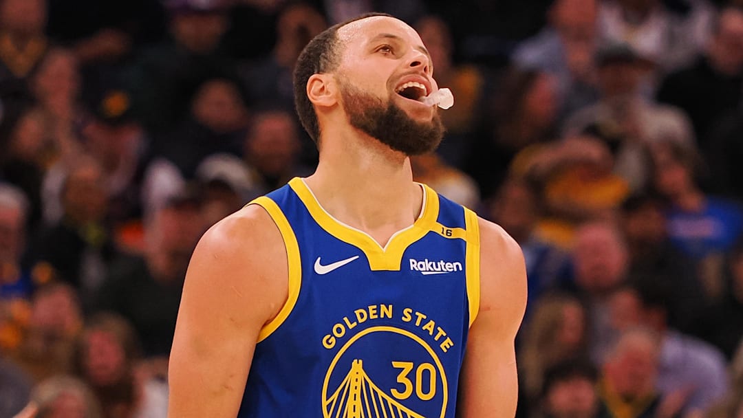 Mar 17, 2025; San Francisco, California, USA; Golden State Warriors guard Stephen Curry (30) reacts after a play Denver Nuggets during the fourth quarter at Chase Center. Mandatory Credit: Kelley L Cox-Imagn Images