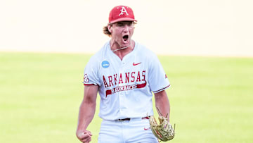 Arkansas' Gabe Gaeckle (20) celebrates after the final out of game one of the NCAA baseball tournament Fayetteville Super Regional between Tennessee and Arkansas held at Baum-Walker Stadium on Saturday, June 7, 2025.