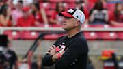 Aug 30, 2025; Lubbock, Texas, USA;  Texas Tech Red Raiders head coach Joey McGuire before the game agains the Arkansas-Pine Bluff Golden Lions at Jones AT&T Stadium. Mandatory Credit: Michael C. Johnson-Imagn Images