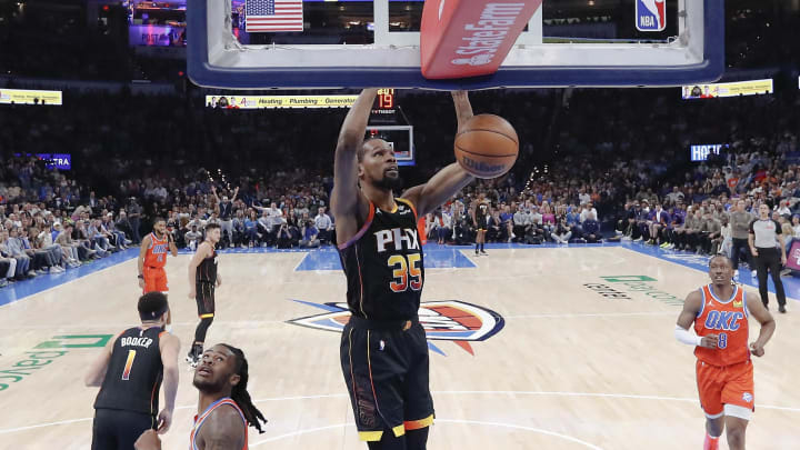 Mar 29, 2024; Oklahoma City, Oklahoma, USA; Phoenix Suns forward Kevin Durant (35) dunks against the
