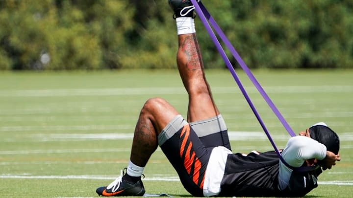 Cincinnati Bengals wide receiver Ja'Marr Chase (1) stretches during training, Wednesday, Sept. 4, 2024, at the Kettering Health Practice Fields outside of Paycor Stadium in Cincinnati.