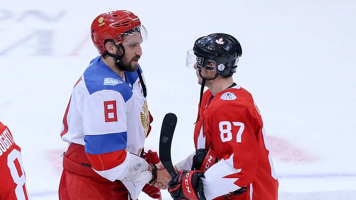 Sep 24, 2016; Toronto, Ontario, Canada; Team Russia left winger Alex Ovechkin (8) and Team Canada centre Sidney Crosby (87) shake hands after Team Canada 5-3 victory during a semifinal game in the 2016 World Cup of Hockey at Air Canada Centre. Mandatory Credit: Kevin Sousa-USA TODAY Sports