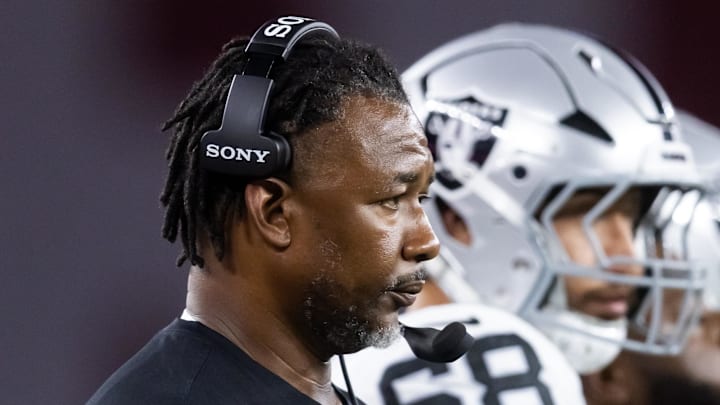 Aug 23, 2025; Glendale, Arizona, USA; Las Vegas Raiders defensive coordinator Patrick Graham against the Arizona Cardinals during a preseason NFL game at State Farm Stadium. Mandatory Credit: Mark J. Rebilas-Imagn Images