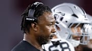 Aug 23, 2025; Glendale, Arizona, USA; Las Vegas Raiders defensive coordinator Patrick Graham against the Arizona Cardinals during a preseason NFL game at State Farm Stadium. Mandatory Credit: Mark J. Rebilas-Imagn Images