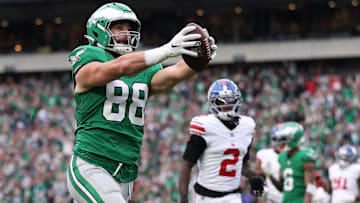 Oct 26, 2025; Philadelphia, Pennsylvania, USA; Philadelphia Eagles tight end Dallas Goedert (88) scores a touchdown against the New York Giants in the fourth quarter at Lincoln Financial Field.