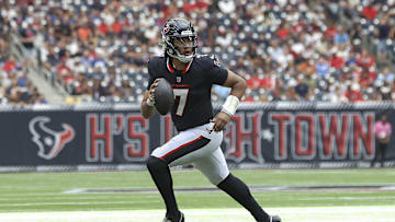 Aug 17, 2024; Houston, Texas, USA; Houston Texans quarterback C.J. Stroud (7) in action during the game against the New York Giants at NRG Stadium. Mandatory Credit: Troy Taormina-Imagn Images