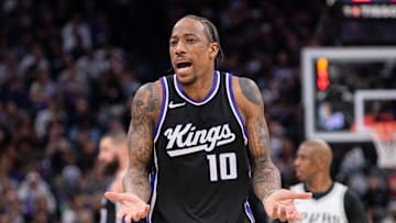 Mar 7, 2025; Sacramento, California, USA; Sacramento Kings forward DeMar DeRozan (10) reacts to a call during the fourth quarter of the game against the San Antonio Spurs at Golden 1 Center. Mandatory Credit: Ed Szczepanski-Imagn Images