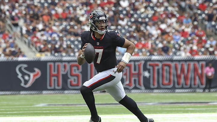 Aug 17, 2024; Houston, Texas, USA; Houston Texans quarterback C.J. Stroud (7) in action during the game against the New York Giants at NRG Stadium. Mandatory Credit: Troy Taormina-Imagn Images