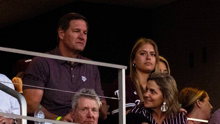 Jun 22, 2024; Omaha, NE, USA; Texas A&M Aggies athletic director Trev Alberts sits in a suite during the fifth inning against the Tennessee Volunteers at Charles Schwab Field Omaha. Mandatory Credit: Dylan Widger-Imagn Images