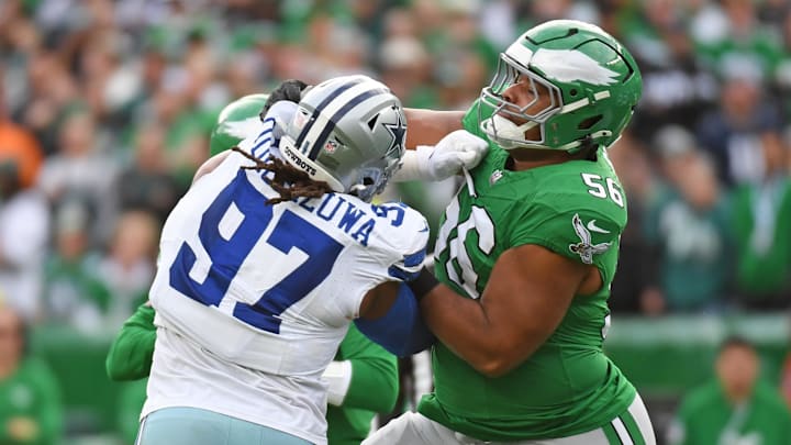 Dec 29, 2024; Philadelphia, Pennsylvania, USA; Philadelphia Eagles guard Tyler Steen (56) blocks Dallas Cowboys defensive tackle Osa Odighizuwa (97) at Lincoln Financial Field. Mandatory Credit: Eric Hartline-Imagn Images Dec 29, 2024; Philadelphia, Pennsylvania, USA; Philadelphia Eagles guard Tyler Steen (56) blocks Dallas Cowboys defensive tackle Osa Odighizuwa (97) at Lincoln Financial Field. Mandatory Credit: Eric Hartline-Imagn Images