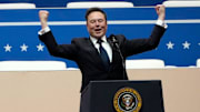 Tesla CEO and X owner Elon Musk addresses a stadium audience in Washington, D.C., on the Inauguration Day of Donald Trump's second presidential term.