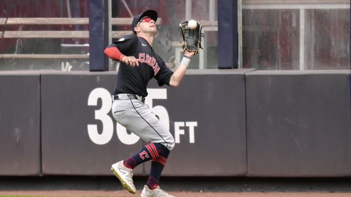 Aug 22, 2024; Bronx, New York, USA; Cleveland Guardians outfielder Tyler Freeman (2) catches a fly ball for an out against the New York Yankees during the eighth inning at Yankee Stadium. Mandatory Credit: John Jones-USA TODAY Sports