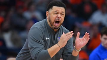 Jan 25, 2025; Syracuse, New York, USA; Pittsburgh Panthers head coach Jeff Capel reacts against the Syracuse Orange during the second half at the JMA Wireless Dome. Mandatory Credit: Rich Barnes-Imagn Images