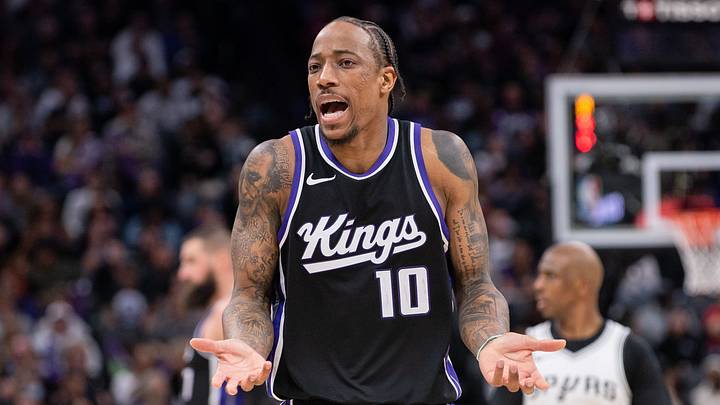 Mar 7, 2025; Sacramento, California, USA; Sacramento Kings forward DeMar DeRozan (10) reacts to a call during the fourth quarter of the game against the San Antonio Spurs at Golden 1 Center. Mandatory Credit: Ed Szczepanski-Imagn Images