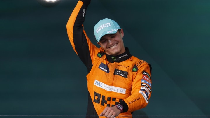 May 5, 2024; Miami Gardens, Florida, USA; McLaren driver Lando Norris (4) reacts after winning the Miami Grand Prix at Miami International Autodrome. Mandatory Credit: Peter Casey-USA TODAY Sports