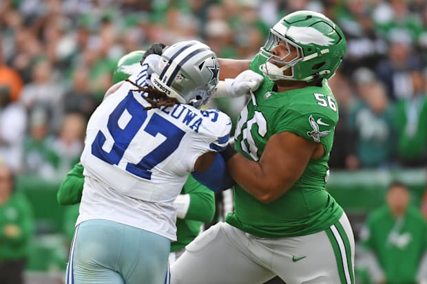 Philadelphia Eagles guard Tyler Steen (56) blocks Dallas Cowboys defensive tackle Osa Odighizuwa