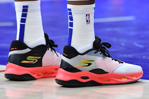 Philadelphia 76ers center Joel Embiid's black and red Skechers sneakers.