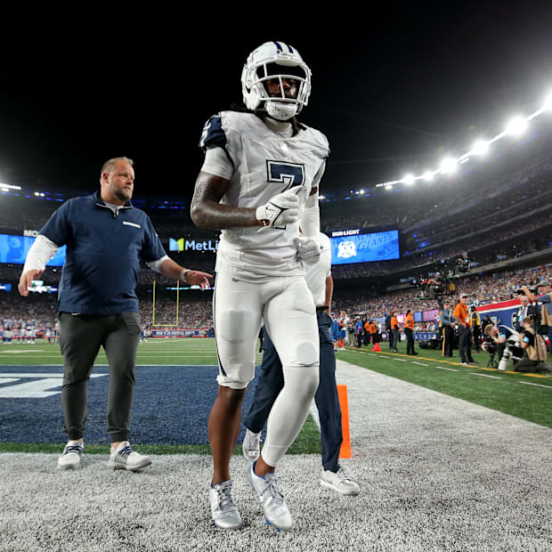 Dallas Cowboys cornerback Trevon Diggs leaves the field after an injury during the fourth quarter against the New York Giants