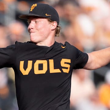 Tennessee's Liam Doyle (12) pitches during a college baseball game between Tennessee and Vanderbilt at Lindsey Nelson Stadium in Knoxville, Tenn., on May 9, 2025.