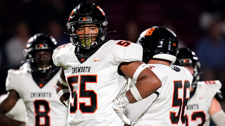 Ensworth's Ethan Utley (55) prepares for a play against MBA during the second quarter at Montgomery Bell Academy in Nashville, Tenn., Friday, Oct. 8, 2021.

Mba Ehs Fb 100821 An 023