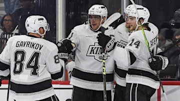 Dec 19, 2024; Philadelphia, Pennsylvania, USA; Los Angeles Kings center Anze Kopitar (11) celebrates his goal with teammates against the Philadelphia Flyers during the second period at Wells Fargo Center. Mandatory Credit: Eric Hartline-Imagn Images
