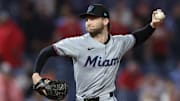 Sep 25, 2025; Philadelphia, Pennsylvania, USA; Miami Marlins pitcher Josh Simpson (66) throws a pitch during the eighth inning against the Philadelphia Phillies at Citizens Bank Park. 