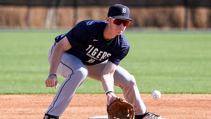 Tigers prospect Jordan Yost practices during spring training at TigerTown in Lakeland, Fla. on Tuesday, Feb. 17, 2026.