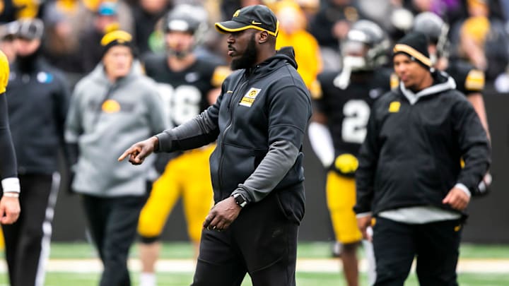 Iowa tight ends coach Abdul Hodge watches during the Hawkeyes' final spring NCAA football practice, Saturday, April 22, 2023, at Kinnick Stadium in Iowa City, Iowa.

230422 Iowa Spring Fb 112 Jpg