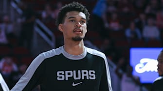 Nov 6, 2024; Houston, Texas, USA; San Antonio Spurs center Victor Wembanyama (1) is introduced before the game against the Houston Rockets at Toyota Center.