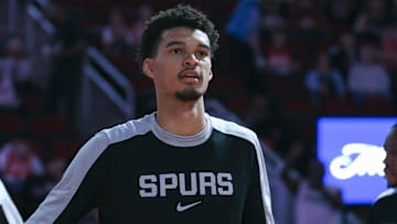 Nov 6, 2024; Houston, Texas, USA; San Antonio Spurs center Victor Wembanyama (1) is introduced before the game against the Houston Rockets at Toyota Center.