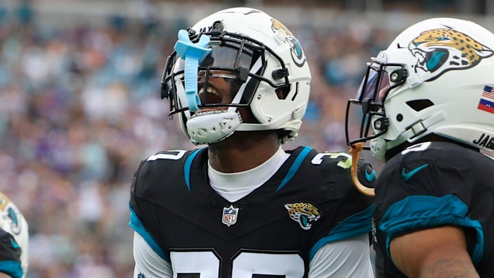 Jacksonville Jaguars cornerback Montaric Brown (30) celebrates his interception during the second quarter an NFL football matchup Sunday, Nov. 10, 2024 at Everbank Stadium in Jacksonville, Fla. 