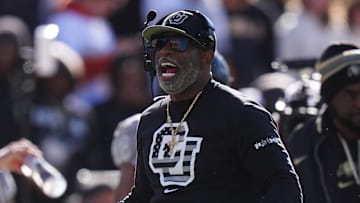 Nov 16, 2024; Boulder, Colorado, USA; Colorado Buffaloes head coach Deion Sanders reacts in the first quarter against the Utah Utes at Folsom Field. Mandatory Credit: Ron Chenoy-Imagn Images