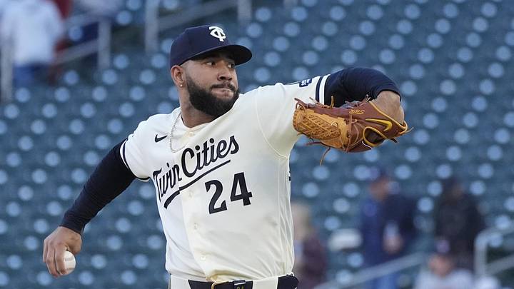 May 13, 2026; Minneapolis, Minnesota, USA; Minnesota Twins pitcher Simeon Woods Richardson (24) throws to the Miami Marlins in the first inning at Target Field. Mandatory Credit: Bruce Kluckhohn-Imagn Images